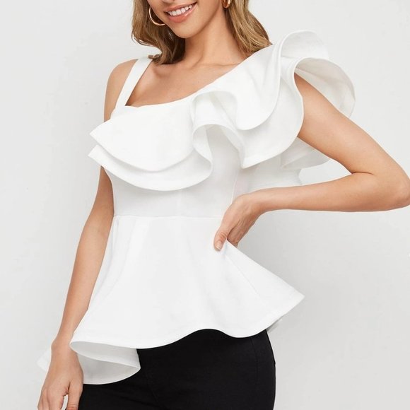 White Boho Womens Asymmetrical Neck Ruffle Trim Peplum Top - Picture 4 of 5